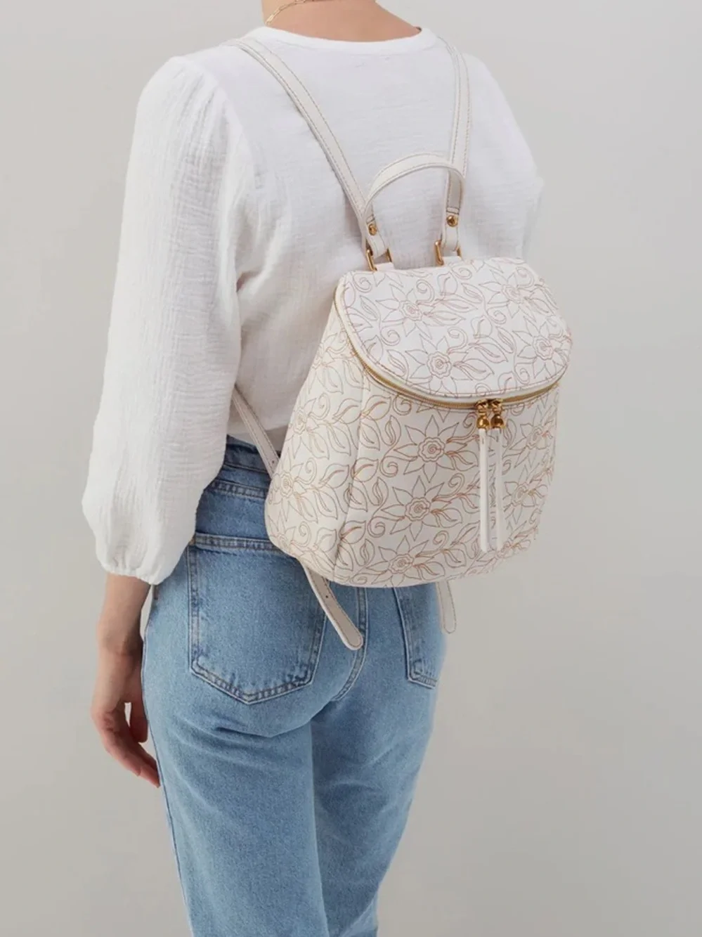 Hobo Embroidered Floral Leather Backpack - Cream